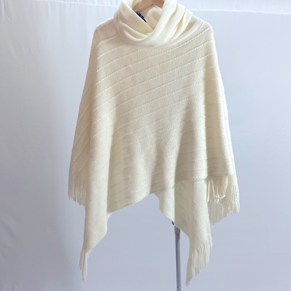 BCBGMaxAzria Sweaters - BCBG Maxazria Cream Fringe Cowl Neck Poncho Size L/XL